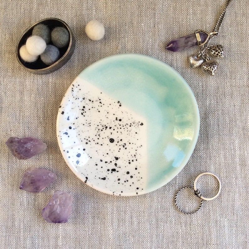 Ring Dish Speckled Black Aqua Ceramic Trinket Dish Jewelry Dish image 1