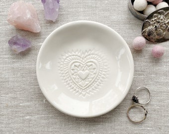 Ring Dish - Ivory Heart Pastel Ceramic - Trinket Dish - Jewelry Dish