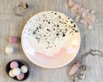 Ring Dish - Speckled Black Blush Pink Ceramic - Trinket Dish - Jewelry Dish