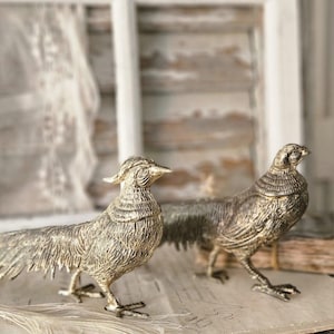 Könnte beinhalten: Zwei metallische Vogelfiguren mit einer texturierten, antiken Goldoberfläche. Jeder Vogel weist ein detailliertes Gefieder, einen langen Schwanz und einen ausgeprägten Kamm auf dem Kopf auf. Die Figuren stehen im Profil und zeigen ihre geformten Flügel.