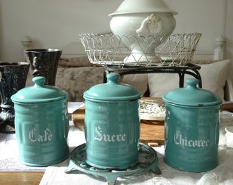 Brocante: Charming set of three old French enamel storage jars