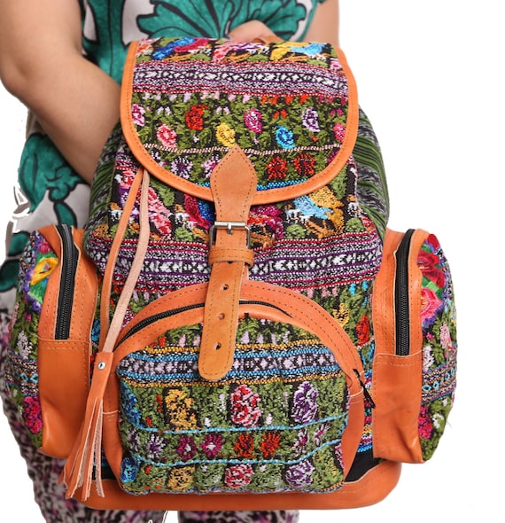 Items similar to Colorful Woven Textile Backpack with Leather Trim on Etsy
