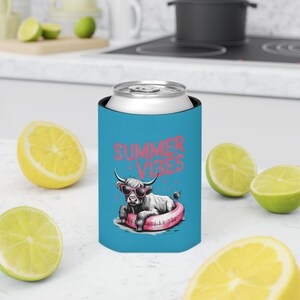 Summer Vibes Can Cooler featuring Fun Cow Design | Perfect for Parties, BBQs, Beach Days, and Gifts | Cute Drink Koozie