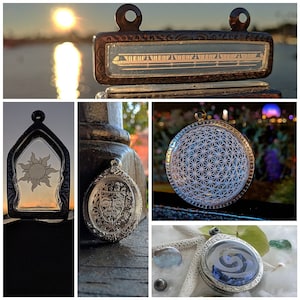 May include: A collection of silver pendants with various designs, including a sun, a face, a geometric pattern, and a spiral. The pendants are displayed on different backgrounds, including a wooden surface, a white surface with a starfish, and a blurred background with a purple glow.