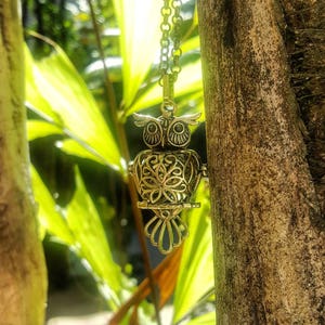 May include: A gold owl-shaped pendant with intricate detailing hangs from a silver chain. The pendant is a diffuser, with a hollow center for essential oils. The pendant is hanging against a blurred background of green leaves.