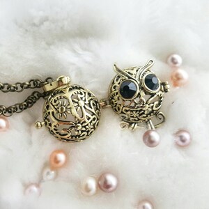 以下が含まれることがあります： 金色のフクロウの形をしたチャームネックレスで、ぶら下がっているケージのペンダントが付いています。ケージは花柄で飾られており、目は黒いビーズです。ネックレスは白いふわふわした表面にピンクの真珠が置かれています。