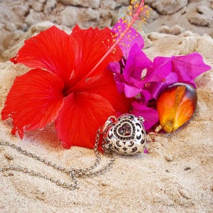 May include: A silver heart-shaped locket necklace with a clear crystal charm, resting on a bed of red and pink hibiscus flowers and a brown seed pod.