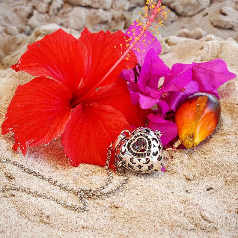 May include: A silver heart-shaped locket necklace with a clear crystal charm, resting on a bed of red and pink hibiscus flowers and a brown seed pod.