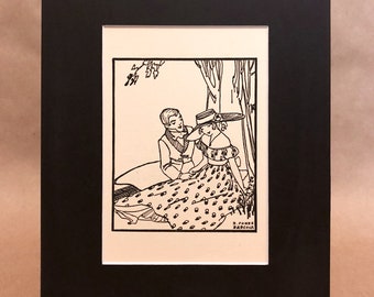 Vintage Moeder Goose Print van antiek boek - De avonturen van jonge moeder gans - paar