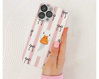 Pink Coquette Duck Phone Case Art | Digital Download | Soft Pink Stripes with Black Bow Background | PNG