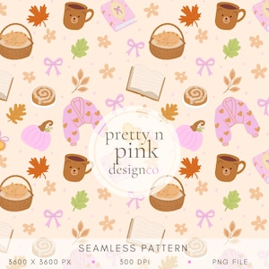 May include: A seamless pattern on a light peach background featuring illustrations of brown bear mugs, sleeping cats in baskets, pink pumpkins, open books, cinnamon rolls, pink heart-patterned cardigans, light purple bows, and autumn leaves.
