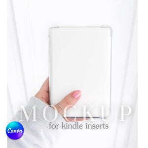 Puede incluir: Funda protectora transparente para un dispositivo Kindle, sobre un fondo blanco. La funda es rectangular con esquinas redondeadas. El texto "MOCKUP for kindle inserts" es visible en la imagen, junto con un logotipo de Canva.