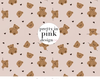 Teddy Bear Seamless Pattern PNG, Cute Bear Digital Paper, Kawaii Bear Hearts Pattern, Teddy Bear Scrapbook Paper, Nursery Fabric Pattern