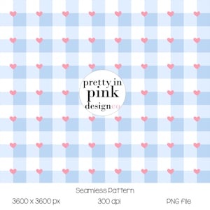 May include: A seamless pattern with a light blue and white gingham check design, adorned with pink hearts. The image includes the text "pretty in pink design co" in a circular logo and "Seamless Pattern" text.