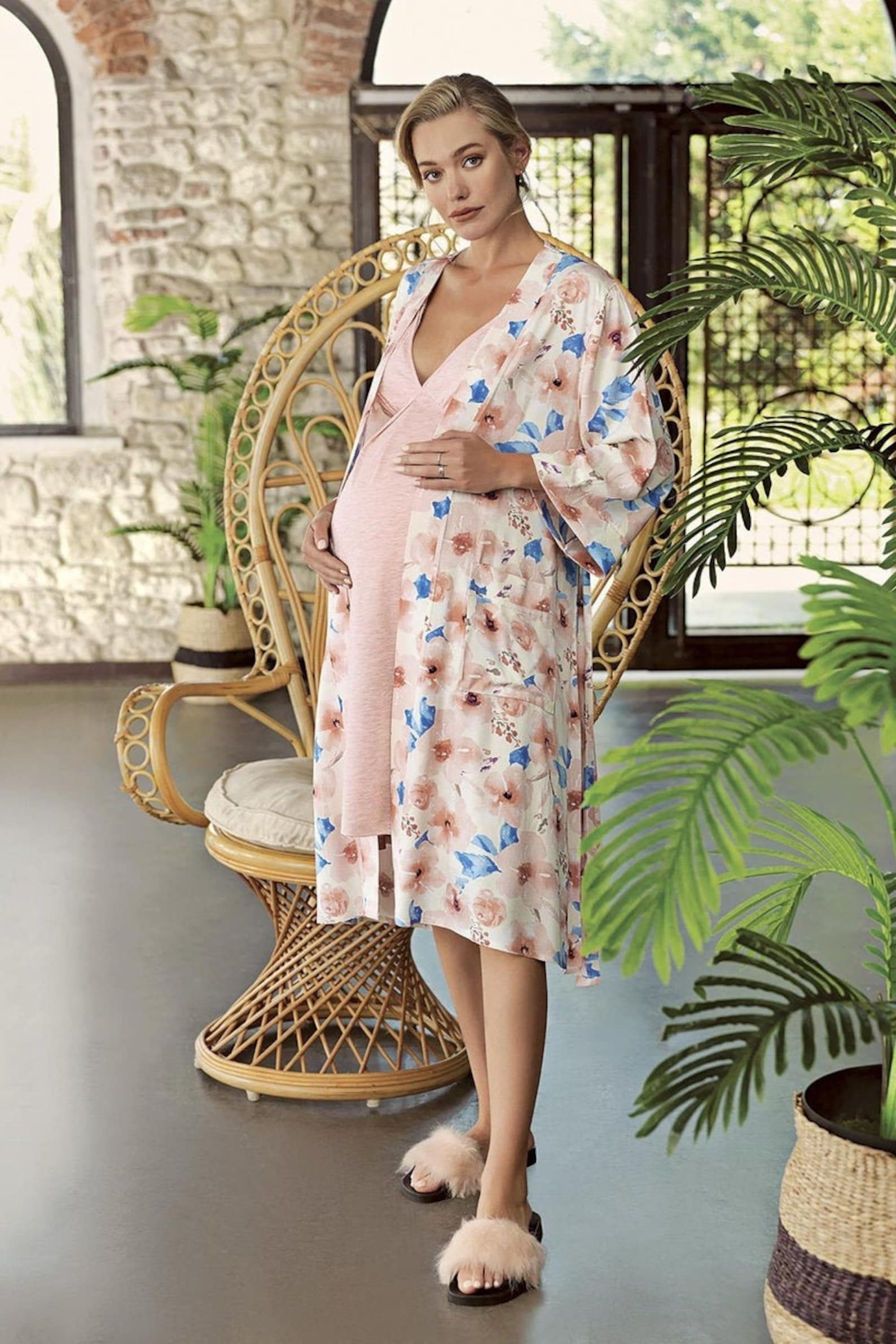 Pink Floral Maternity nightgown and robe hospital robe Etsy