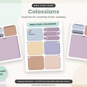 May include: A printable Bible study journal for Colossians featuring three pages with pastel-colored sections for notes, favorite verses, and main characters. The text includes "BIBLE STUDY GUIDE," "Colossians," "CHAPTER-BY-CHAPTER STUDY JOURNAL," and "PRINTABLE PDF."