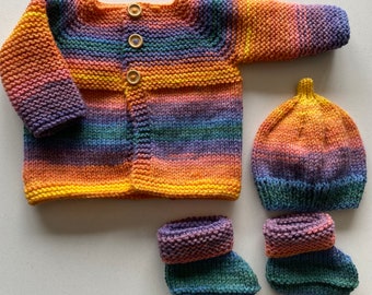 Hand Knit Baby Set 0-3 Months - Cardigan, Sweet Pea Hat & Hugg Me Boots in Rainbow Shades with Wooden Buttons