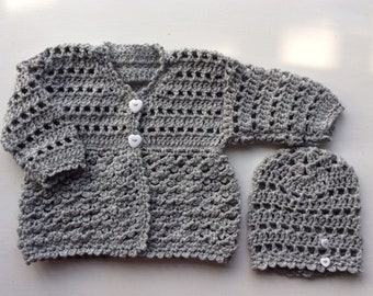 3-6 Months Baby girl's hand crochet, retro cardigan in silver grey with love heart buttons