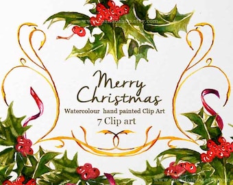 Watercolor Christmas clipart, holiday clipart, winter clipart, holly, christmas instant download, png file 300 dpi, greeting card diy, art