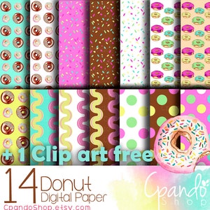 K&ouml;nnte beinhalten: Ein Set mit 14 digitalen Papieren mit Donut-Mustern in verschiedenen Farben und Designs. Die Papiere enthalten Donuts mit Streuseln, Schokoladenfrosting und rosa Frosting. Das Set enth&auml;lt au&szlig;erdem ein einzelnes Clipart-Bild eines Donuts mit Streuseln. Der Text "14 Donut Digital Paper" und "CpandoShop.etsy.com" ist im Bild enthalten.