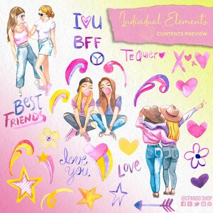 My favorite Girl, 48 ilustraciones en acuarela pintadas a mano, acuarelas de amistad entre mujeres, hermanas, mejores amigas en digital