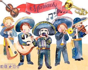 Mariachi pintado en acuarela clip art, fiesta mexicana, cinco de mayo, sombrero mexicano, musica clip art acuarela  noche mexicana