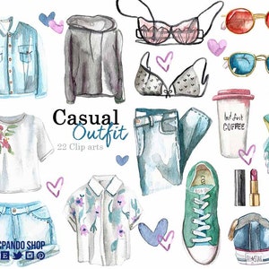 K&ouml;nnte beinhalten: Eine Aquarell-Illustration eines l&auml;ssigen Outfits mit 22 Cliparts. Das Outfit beinhaltet eine Jeansjacke, einen Hoodie, ein T-Shirt mit Blumenstickerei, einen Jeansrock, ein Hemd mit Kn&ouml;pfen und Blumenmuster, eine Jeans, einen BH, Sonnenbrillen, eine Kaffeetasse, Lippenstift und Turnschuhe.