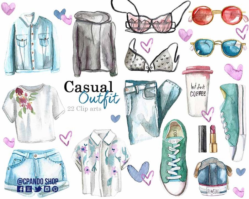 K&ouml;nnte beinhalten: Eine Aquarell-Illustration eines l&auml;ssigen Outfits mit 22 Cliparts. Das Outfit beinhaltet eine Jeansjacke, einen Hoodie, ein T-Shirt mit Blumenstickerei, einen Jeansrock, ein Hemd mit Kn&ouml;pfen und Blumenmuster, eine Jeans, einen BH, Sonnenbrillen, eine Kaffeetasse, Lippenstift und Turnschuhe.