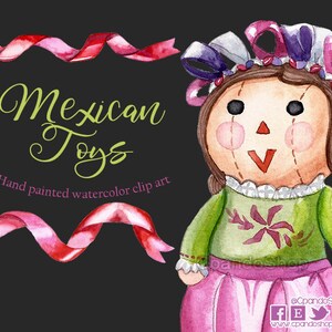 May include: Watercolor illustration of a Mexican folk doll with pink and purple ribbons in her hair. She is wearing a green dress with a pink skirt and a floral design. The text "Mexican Toys" and "Hand painted watercolor clip art" is written in the image.