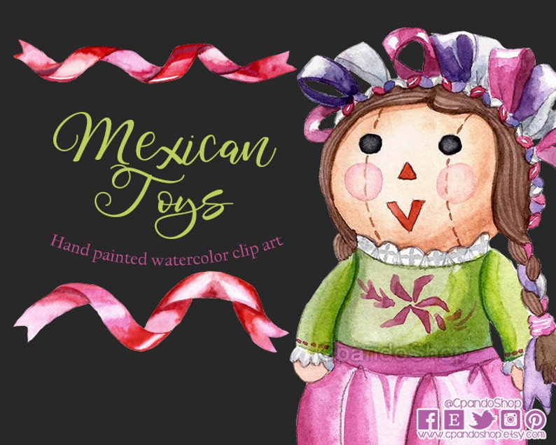 May include: Watercolor illustration of a Mexican folk doll with pink and purple ribbons in her hair. She is wearing a green dress with a pink skirt and a floral design. The text "Mexican Toys" and "Hand painted watercolor clip art" is written in the image.