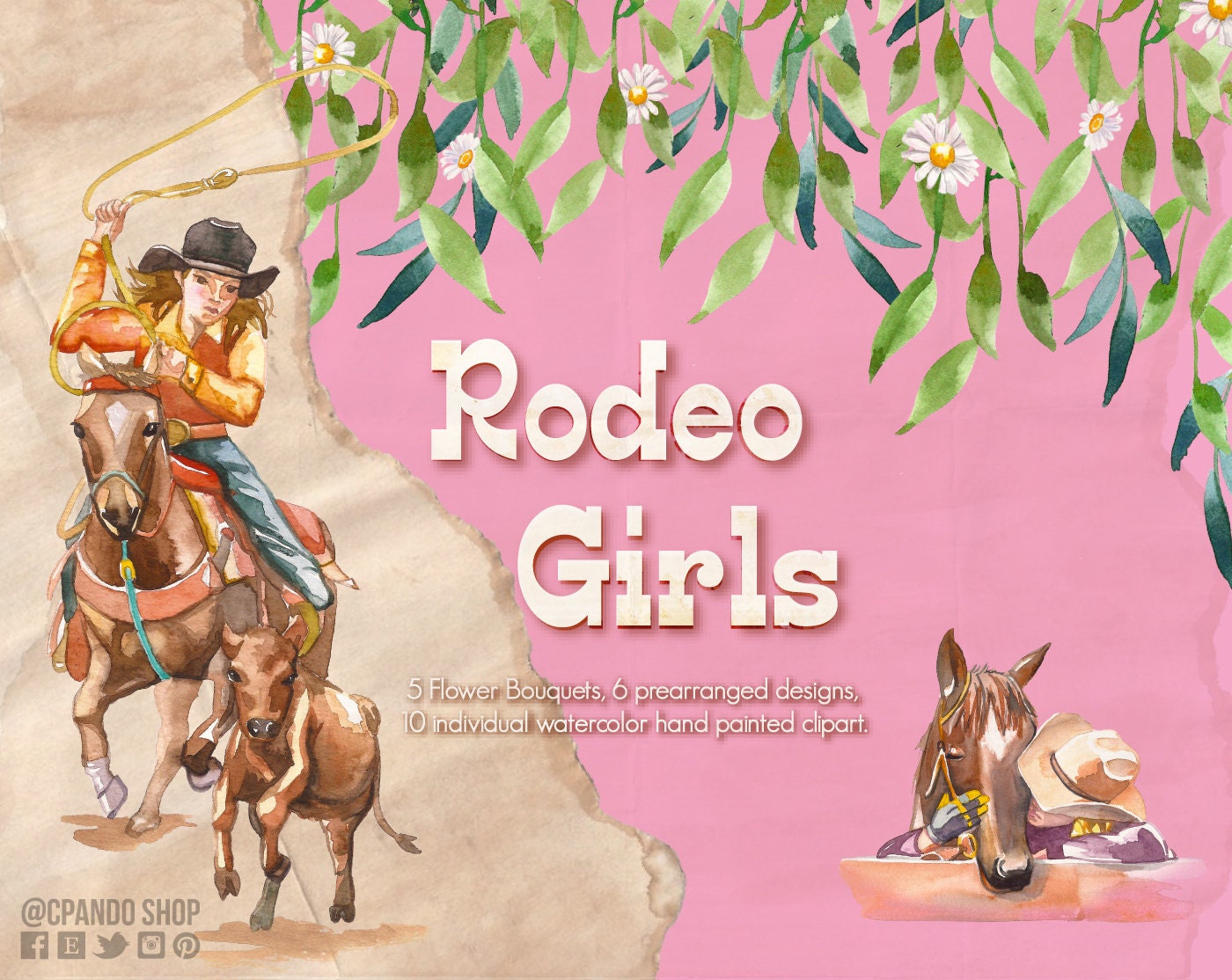 Girl Rodeo Background Rodeo Girls Watercolor Hand Painted Clipart, Cowgirls and Horses ...
