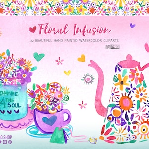 Tea Clipart, Watercolor Tea Party Clipart, High Tea Invitation DIY, Tea Time Handpainted Teacup Teapot Romantic Vintage Floral Coffee art