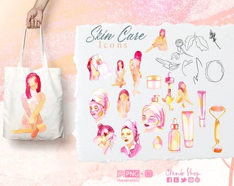 Skin care beauty care products watercolor Premade Logo natural cosmetic, spa clipart, natural cosmetic clipart, Girl face, beauty salon logo