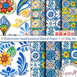 Mexican Watercolor Tiles, hand painted Floral clipart, PNG, mexican party, 5 de mayo, flowers, hand painted, cinco de mayo, colorful, summer image 1