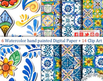 Mexican Watercolor Tiles, hand painted Floral clipart, PNG, mexican party, 5 de mayo, flowers, hand painted, cinco de mayo, colorful, summer
