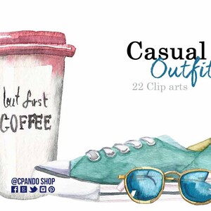 K&ouml;nnte beinhalten: Eine Aquarell-Illustration eines l&auml;ssigen Outfits, bestehend aus einem gr&uuml;nen Sneaker, einer Sonnenbrille und einem Kaffeebecher mit dem Text "but first coffee".