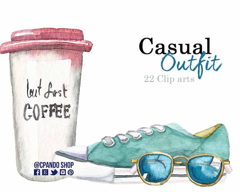 K&ouml;nnte beinhalten: Eine Aquarell-Illustration eines l&auml;ssigen Outfits, bestehend aus einem gr&uuml;nen Sneaker, einer Sonnenbrille und einem Kaffeebecher mit dem Text "but first coffee".