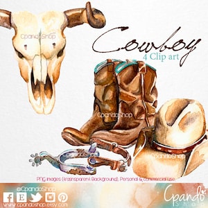 Cowboy hand painted watercolor Clip Art (4 PNG images with transparent background 300dpi) rodeo, cowgirl, shabby chic, western invitations