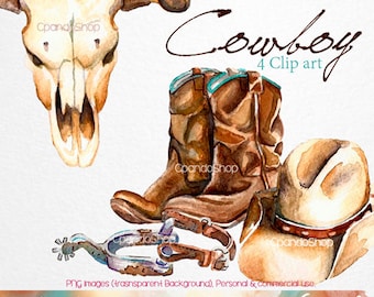 Cowboy hand painted watercolor Clip Art (4 PNG images with transparent background 300dpi) rodeo, cowgirl, shabby chic, western invitations