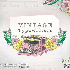 Vintage Typewriters, Watercolor Clip Art - Typewriter Clip Art - Floral Art - Hand drawn Art - Comemrcial Use - Vintage Typewriter