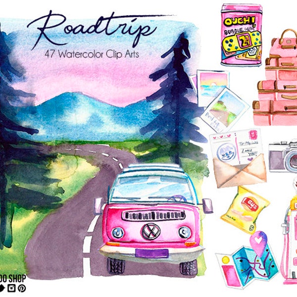 Roadtrip, viaje en carretera clip art pintado a mano en acuarela, viaje en carro, viajando, acuarela clip art viajando en carretera
