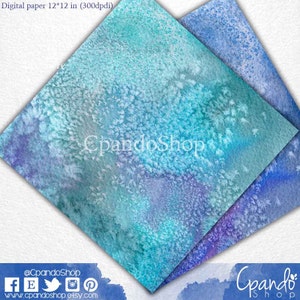 May include: Digital paper sheets with a watercolor effect. The sheets are 12 x 12 inches and feature a blend of blue, teal, and purple hues. The design has a textured, speckled appearance, with the text "CpandoShop" visible on the paper.