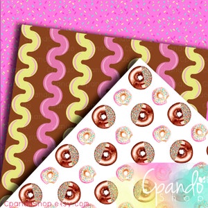 K&ouml;nnte beinhalten: Digitales Papierpaket mit drei verschiedenen Mustern. Das erste Muster ist braun mit rosa und gelben Wellenlinien. Das zweite Muster ist wei&szlig; mit braunen und rosa Donuts mit bunten Streuseln. Das dritte Muster ist rosa mit bunten Streuseln.