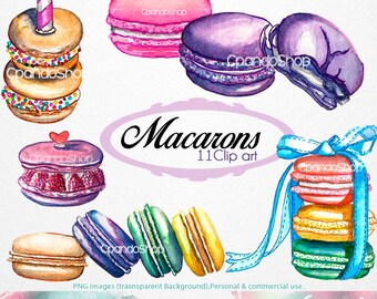 Handgeschilderde macaroni in aquarel Clip art (11 Png afbeeldingen met transparante achtergrond 300dpi) gebak, koffie, chocolade, dessert, parijs