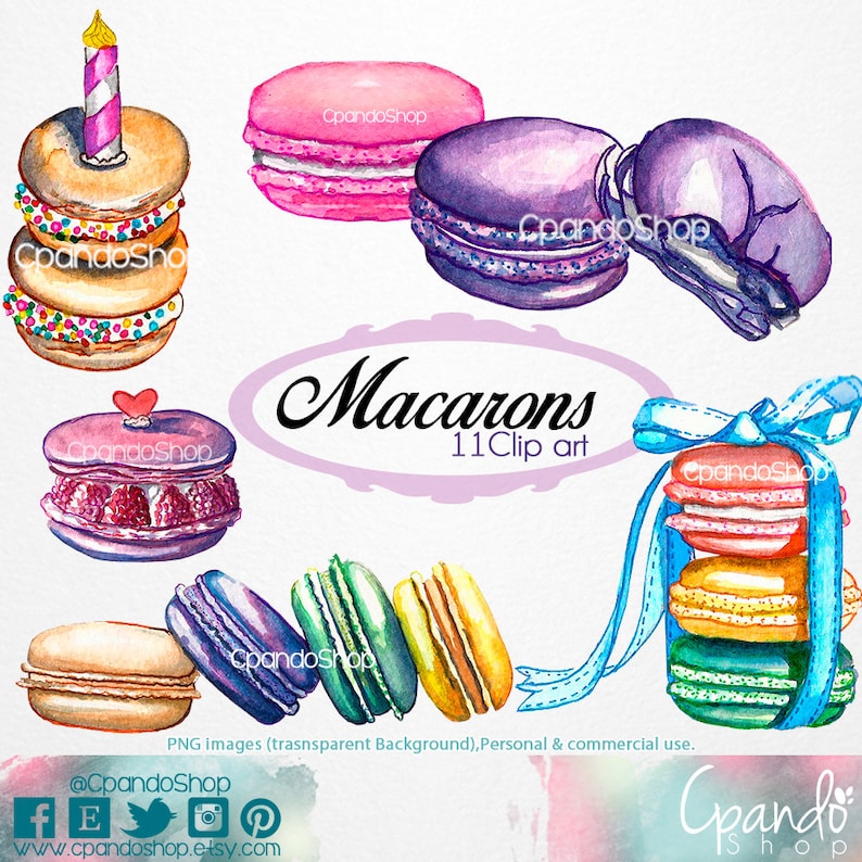 Op de afbeelding: Een set van 11 aquarel illustraties van macarons in verschillende kleuren en ontwerpen. De macarons zijn in verschillende configuraties gerangschikt, waaronder een stapel van drie macarons met een blauw lint, een enkele macaron met een hart en een stapel van drie macarons met sprankelingen. De tekst "Macarons 11 Clip art" is geschreven in een decoratief lettertype.