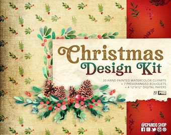 SUPER KIT CLIPARTS + digitale papers + boeketten + frames. Aquarel Clip Art Christmas,
