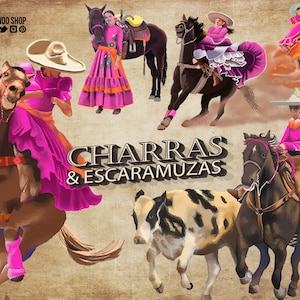 Mexicaanse charras en schermutselingen illustraties. PNG 300 dpi charrería - Mexico - Quinceañera- Mexicaanse Cowgirl paarden