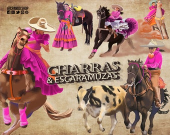 Charras y escaramuzas, mexican cowgirl , 300 dpi CLIPART, mexican sweetsixteen, perfect for charro invitations