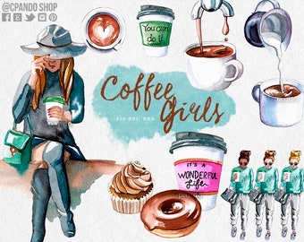 Coffee Girls, Girl Boss Clipart, Office Clipart Fashion Clipart, Watercolor, Planner Girl, Planner Clipart, coffee girls watercolor clipart