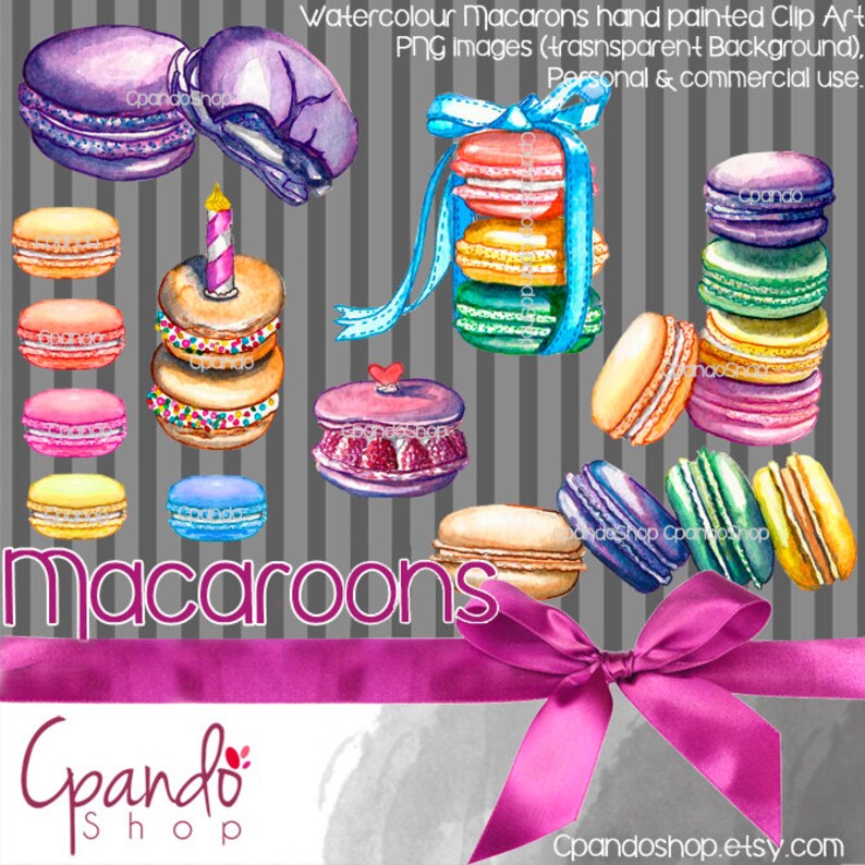 Op de afbeelding: Waterverf illustraties van macarons in verschillende kleuren en ontwerpen. De macarons zijn op verschillende manieren gerangschikt, waaronder gestapeld, verspreid en in een stapel. De achtergrond is een grijs-wit gestreept patroon. De tekst "macaroons" is geschreven in een groot, vet lettertype onderaan de afbeelding. De tekst "Gando Shop" is geschreven in een kleiner lettertype onderaan de afbeelding.